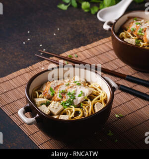 Ramen giapponese ciotola con pollo e tofu. Sfondo scuro. Foto Stock