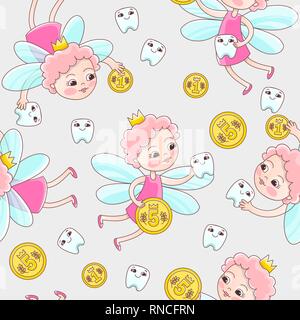 Un dente di fata con una moneta ha sorvolato per un bambino il latte dente. Vector seamless pattern in uno stile cartoon per pazienti pediatrici stomatologia o per un bambino per il dentista Illustrazione Vettoriale