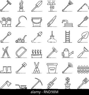 Utensili da giardinaggio set di icone di stile di contorno Illustrazione Vettoriale