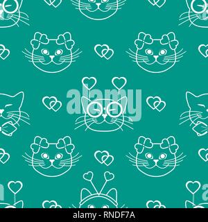 Seamless pattern con il muso di gatti in maschere di carnevale, bicchieri, tie, archi, lacci e cuori. Biglietto di auguri buon San Valentino. Backgr romantica Illustrazione Vettoriale