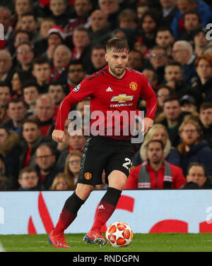 MANCHESTER, Inghilterra - 12 febbraio 2019: Luca Shaw del Manchester United durante la finale della Champions League fra Manchester United e Paris Saint-Germain a Old Trafford Stadium. Foto Stock