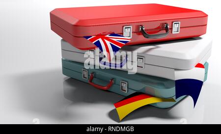 Suitecases colorati con l'inglese, il tedesco e il francese flags - 3D rendering immagine Foto Stock