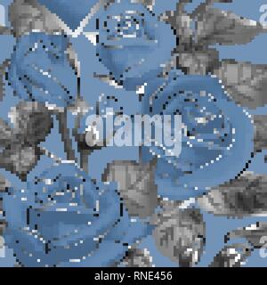 Carta da parati senza giunture con pattern di rose blu e argento dettagli, illustrazione vettoriale Illustrazione Vettoriale