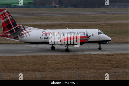 Stanstead, Regno Unito. 18 Febbraio, 2019. Loganair ha annunciato che è in passo-passo per fissare le cinque principali percorsi in seguito all'annuncio dell'Flybmi decisoin per nominare gli amministratori di credito DavidsonAlamy Ian Live News. Credito: Ian Davidson/Alamy Live News Foto Stock