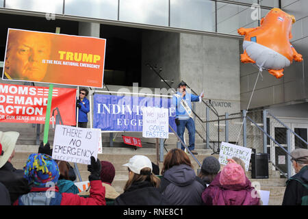 Eugene, Oregon, Stati Uniti d'America. 18 Febbraio, 2019. Manifestanti di Eugene, Oregon rally contro il Presidente Trump's proposta di 'Stato d' emergenza per costruire la parete di confine tra gli Stati Uniti e il Messico. Credito: Gina Kelly/Alamy Live News Foto Stock