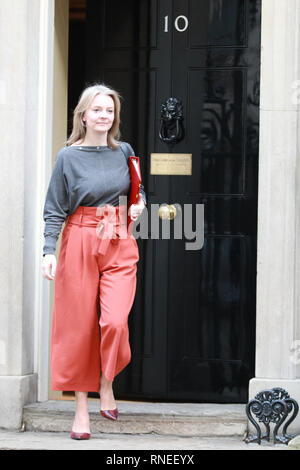 A Downing Street, Londra, Regno Unito, 19 feb 2019. Elizabeth Truss MP, Primo Segretario al tesoro. Ministri lasciare la riunione a Downing Street. Credito: Imageplotter/Alamy Live News Foto Stock