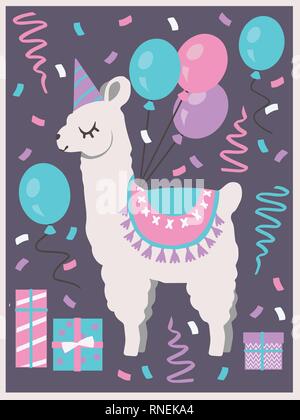 Carino white Llama o alpaca con party hat, confezioni regalo, palloncini e coriandoli compleanno biglietto di auguri vector art motive Illustrazione Vettoriale