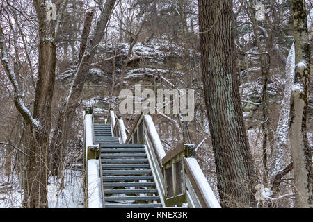 Coperta di neve scalinata (passeggiata) a Starved Rock State Park su un amaramente inverni freddi giorno. Foto Stock