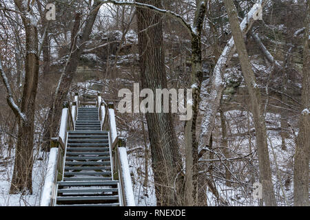 Coperta di neve scalinata (passeggiata) a Starved Rock State Park su un amaramente inverni freddi giorno. Foto Stock