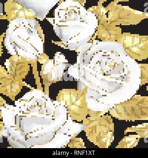 Rose fiori su uno sfondo nero. Vector seamless pattern. Design floreale in stile orientale. Vintage. Bella mazzi di lamina di oro la stampa. Illustrazione Vettoriale