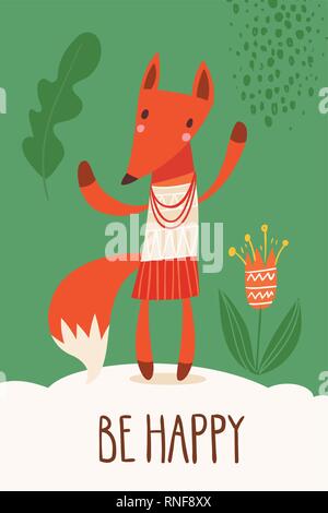 Scheda vettore con un cartoon dancing fox Illustrazione Vettoriale
