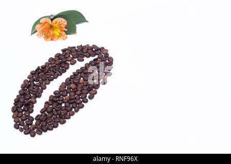 Rivestiti di caffè in grani da piccoli chicchi di caffè e un arancio fiori di ibisco su uno sfondo bianco, spazio di copia Foto Stock