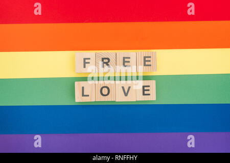 Vista superiore del libero amore scritte fatte di blocchi di legno su carta sfondo arcobaleno Foto Stock