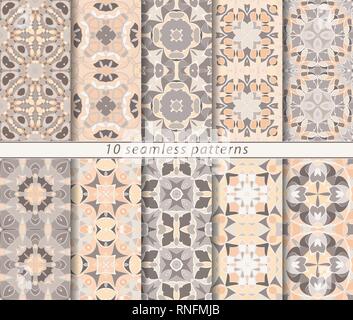 Set di vettore di dieci seamless pattern astratti in sfumature di marrone chiaro. Decorativi ed elementi di design per i tessili, copertine di libri, fabbricazione, wallpap Illustrazione Vettoriale