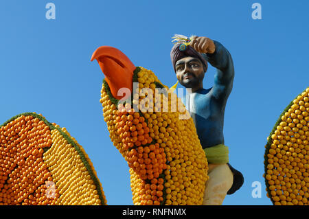 Febbraio 16 2019 Mentone, in Francia, la 86Sagra del limone (Sinbad il marinaio e Roc closeup) durante il Carnevale di Nizza Foto Stock