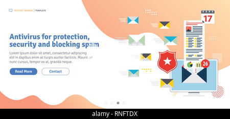 Antivirus per la protezione, sicurezza e bloccare lo spam. Tutela della privacy, virus e attacchi di phishing. Modello in design piatto per banner web o una infografica ho Foto Stock