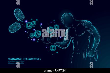 Integratore dietetico vitamina bodybuilding capsule. Forma Fitness farmaco medicina scienza chimica tecnologia innovazione poligonale 3D render. Potenza muscolare Illustrazione Vettoriale