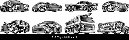 Il Muscolo auto e trasporti vintage per logo e etichette. Set di retrò della vecchia scuola di servizio automatico. Collezione di classic roadster. Incisi disegnata a mano Illustrazione Vettoriale