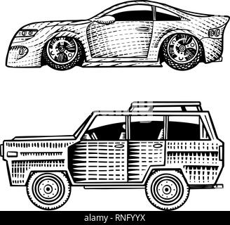 Il Muscolo auto e trasporti vintage per logo e etichette. Set di retrò della vecchia scuola di servizio automatico. Collezione di classic roadster. Incisi disegnata a mano Illustrazione Vettoriale