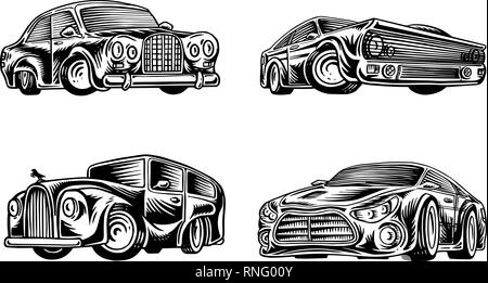 Il Muscolo auto e trasporti vintage per logo e etichette. Set di retrò della vecchia scuola di servizio automatico. Collezione di classic roadster. Incisi disegnata a mano Illustrazione Vettoriale