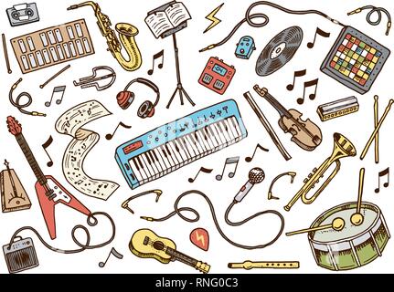 Set di simboli musicali e le icone. Tamburi di chitarra Pianoforte, strumenti creativi e gli hobby. Profilo Vintage schizzo per banner web. Il concetto di istruzione. Torna alla Illustrazione Vettoriale