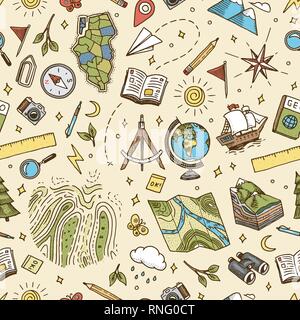 Simboli Geografia seamless pattern. Attrezzature per banner web sfondo. Profilo Vintage schizzo per banner web. Doodle stile. Il concetto di istruzione Illustrazione Vettoriale