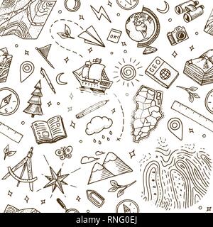 Simboli Geografia seamless pattern. Attrezzature per banner web sfondo. Profilo Vintage schizzo per banner web. Doodle stile. Il concetto di istruzione Illustrazione Vettoriale