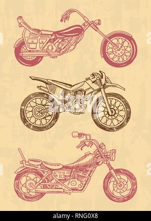 Set di moto d'epoca. Raccolta di biciclette. Biker estremo il trasporto. Retrò vecchio stile. Disegnata a mano inciso schizzo in bianco e nero. Illustrazione Vettoriale