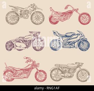 Set di moto d'epoca. Raccolta di biciclette. Biker estremo il trasporto. Retrò vecchio stile. Disegnata a mano inciso schizzo in bianco e nero. Illustrazione Vettoriale