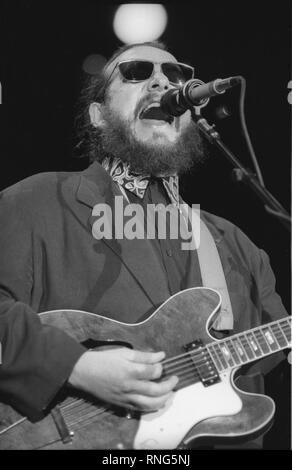 Cantante e cantautore Elvis Costello è mostrato esibirsi sul palco durante un 'live' aspetto di concerto. Foto Stock
