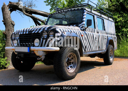 Jeep Safari con un motivo zebra aziona attraverso una bellissima natura pieno di alberi e cespugli di un parco nazionale d'Europa Foto Stock