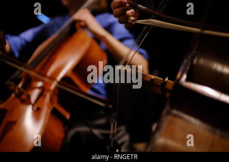 Contrabbasso e violoncello essendo piegato in primo piano in concerto senza facce essendo mostrato Foto Stock