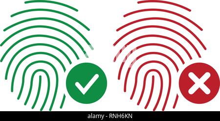 Vettore di impronte digitali icone. Identità di finger print o identificazione personale impostato, sicurezza biometrico di simboli. segno di spunta e croce accettata e negare il risultato della scansione. Vec Illustrazione Vettoriale