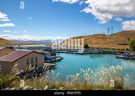 Un galleggiante allevamento di salmoni in Ohau Canal, Lago Ruataniwha, Twizel, Nuova Zelanda Foto Stock