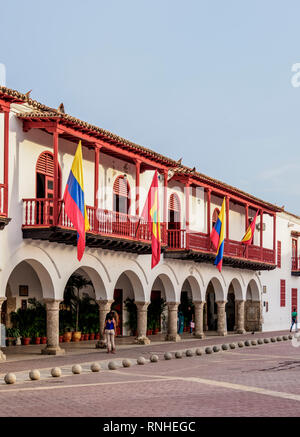 Town Hall, Plaza de la Aduana, Città Vecchia, Cartagena, Dipartimento di Bolivar, Colombia Foto Stock