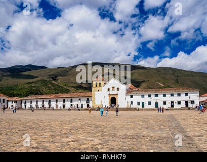 La Madonna del Rosario, Chiesa, Plaza Mayor, Villa de Leyva, Boyaca Reparto, Colombia Foto Stock