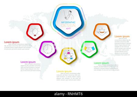 Pentagoni ed infografico etichetta con 6 passaggi. Illustrazione Vettoriale