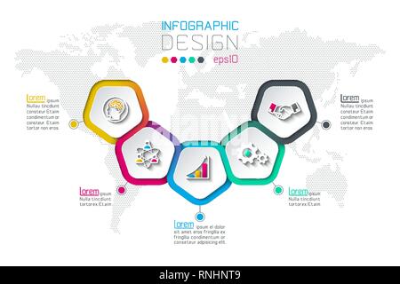 Pentagoni ed infografico etichetta con 5 passaggi. Illustrazione Vettoriale