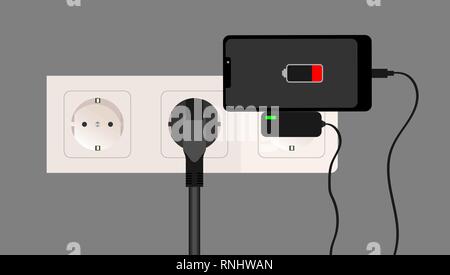 Caricabatteria per Smartphone e adattatore presa elettrica, della notifica di batteria in esaurimento design piatto. Illustrazione Vettoriale. Illustrazione Vettoriale