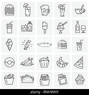 Un fast food icone di contorno impostato su piazze sfondo per grafica e web design, moderno vettore semplice segno. Concetto di Internet. Il simbolo alla moda per il design del sito web o del pulsante mobile app. Illustrazione Vettoriale