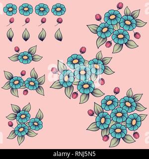 Carino il colore dello sfondo con diversi elementi floreali e mazzi Illustrazione Vettoriale