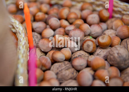 I dadi e le noci . Close-up di noci e nocciole come sfondo . Mix di nocciola e noci con guscio duro . essiccati e le nocciole nonché le noci comuni Foto Stock