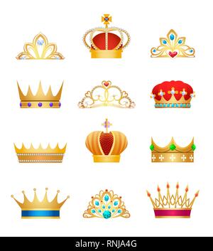 I gioielli della Corona. Donna Vintage princess gioielli in oro e diadem tiara e gioielli in oro re set corona isolati su sfondo bianco, vettore illustrati Illustrazione Vettoriale