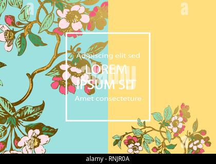 Botanical invito a nozze card modello di progettazione, sakura fiori e foglie sui rami rurale vintage cherry blossom blu su sfondo giallo, retr Illustrazione Vettoriale