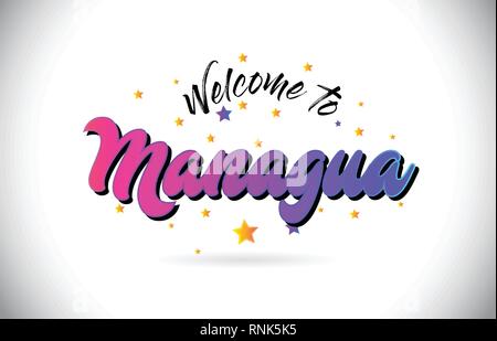 Managua Benvenuti alla parola del testo con Viola Rosa Font manoscritta e stelle gialle che forma il vettore Design Illusration. Illustrazione Vettoriale