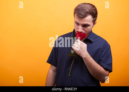 Giovane uomo bello azienda Red Rose in mani su sfondo giallo. Uomo romantico Foto Stock