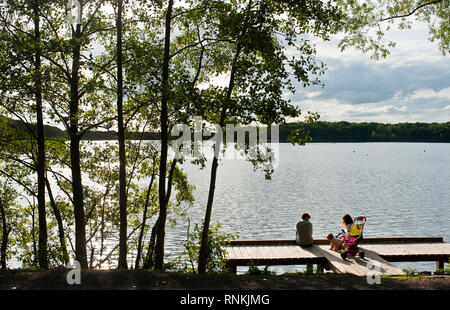 Famiglia su un pontone galleggiante sul lago ' Lac de la Mare ' in Goriaux, nella foresta demaniale di Raismes-Saint-Amand-Wallers, riserva naturale nelle scarpe- Foto Stock