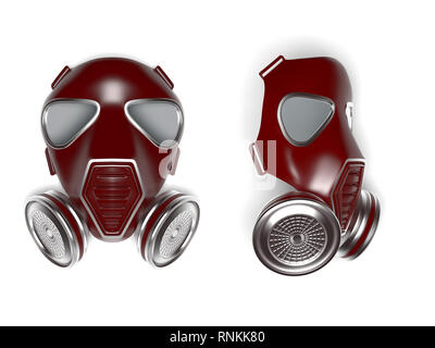 Maschera a gas. Moderno rosso scuro respiratore con i filtri in metallo. Vista anteriore e laterale. Il rendering 3D Foto Stock