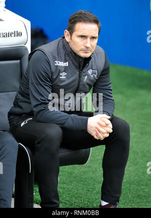 Derby manager Frank Lampard durante la FA Cup il quinto round match tra Brighton & Hove Albion e Derby County presso la American Express Community Stadium . 16 Febbraio 2019 solo uso editoriale. No merchandising. Per le immagini di calcio FA e Premier League restrizioni si applicano inc. no internet/utilizzo mobile senza licenza FAPL - per i dettagli contatti Football Dataco Foto Stock
