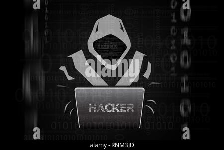 Hacker uomo in felpa con cappuccio con il computer portatile flat isolato su sfondo scuro Foto Stock
